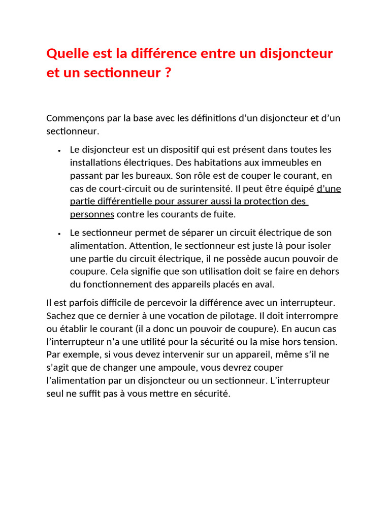 Différences entre disjoncteur et sectionneur PDF — free download