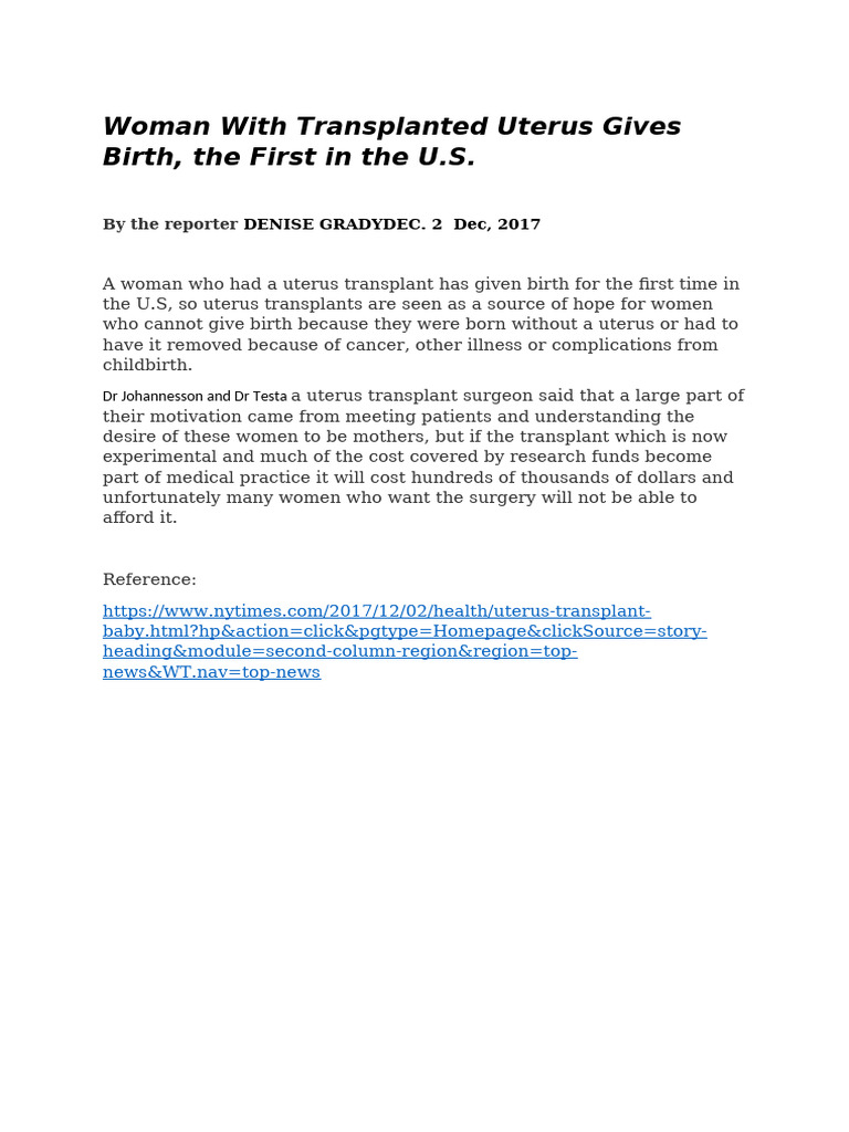 First U.S. Birth After Uterus Transplant | PDF