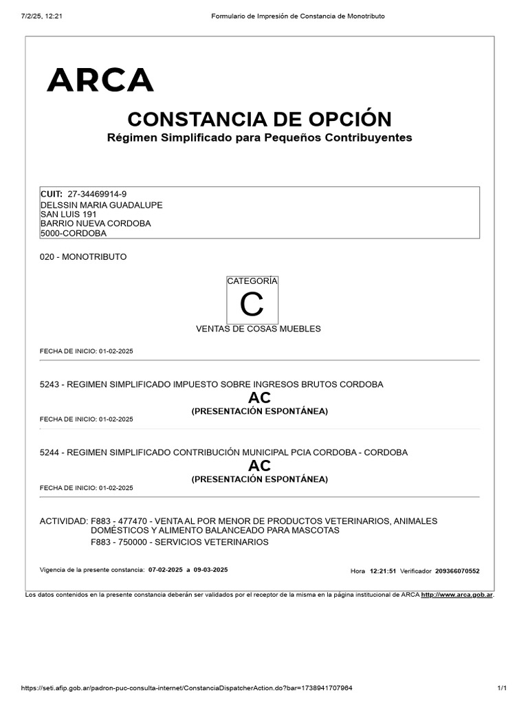 Constancia de Monotributo Categ. C | PDF