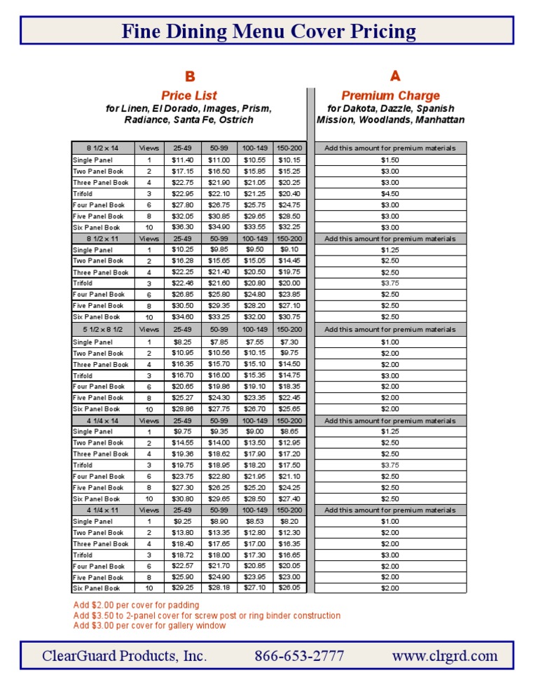 Fine Dining Menu Cover Pricing Guide | PDF