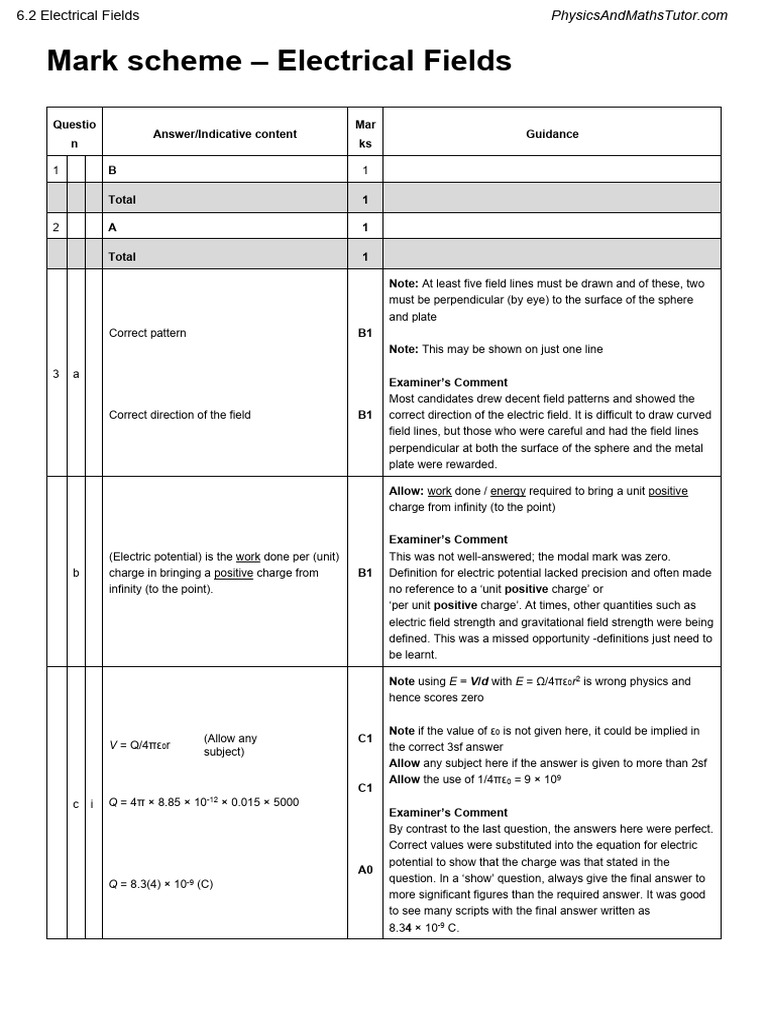 Mark Scheme for Electrical Fields Exam | PDF | Electric Field | Force