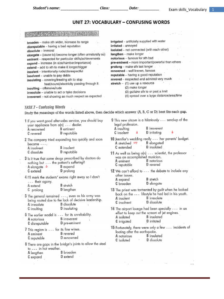 9a7 Unit 27 Vocabulary Confusing Words Pdf
