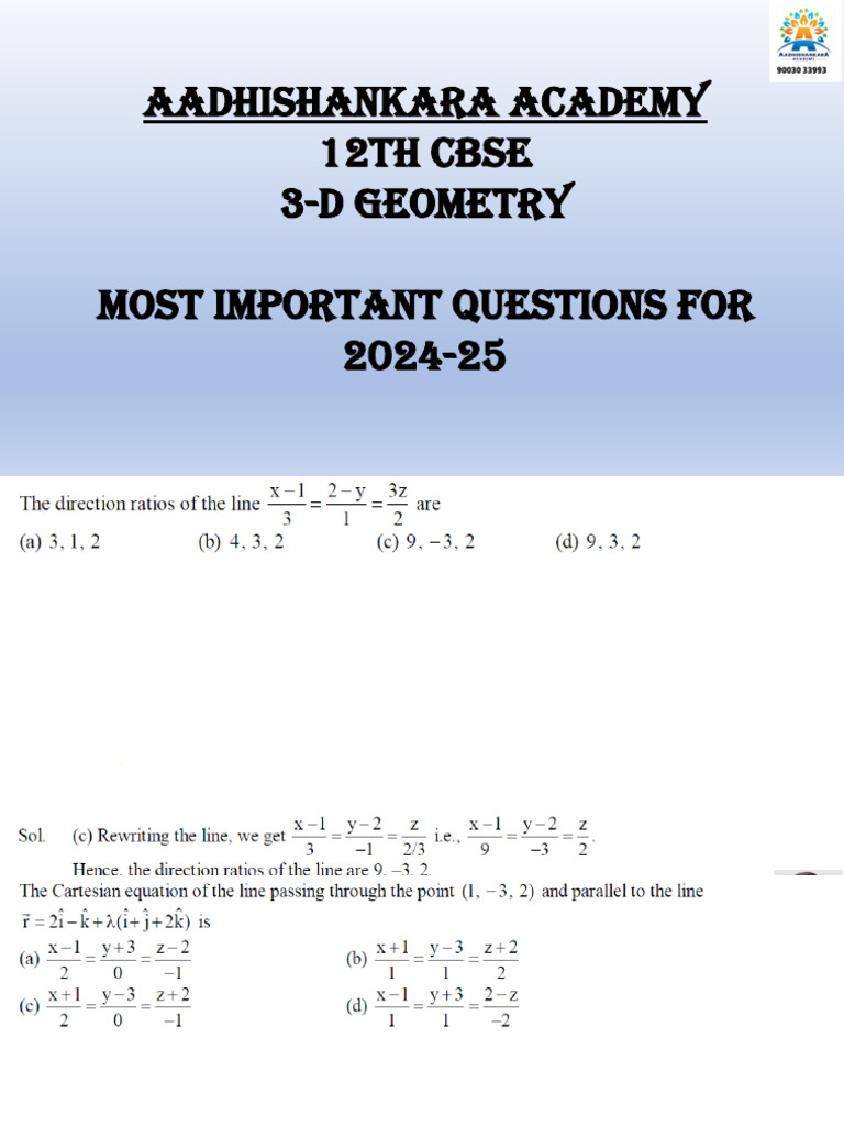 12th CBSE 3D Geometry Key Questions 2024 | PDF | Schools | Educational ...