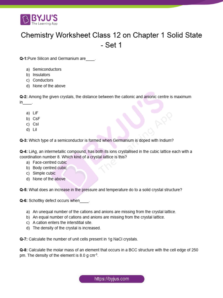 Class 12 Chemistry: Solid State Worksheet | PDF | Crystal Structure ...