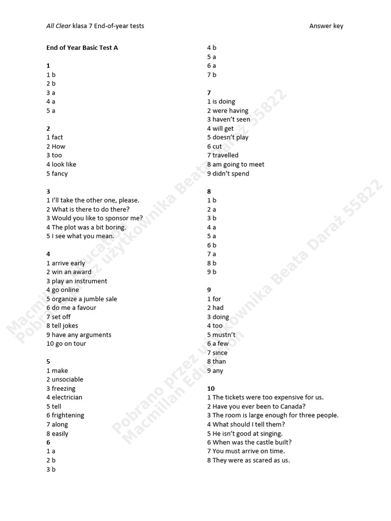 All Clear Klasa 7 Test Answers | PDF