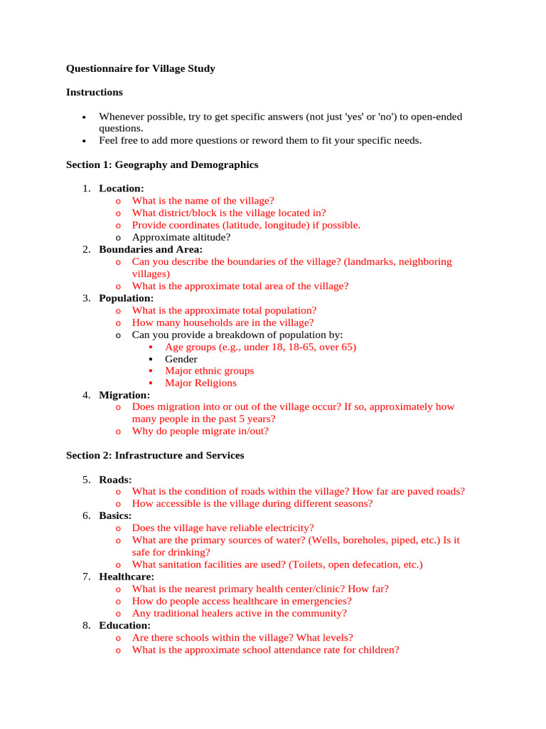 Village Study Questionnaire Template | PDF | Agriculture | Sanitation