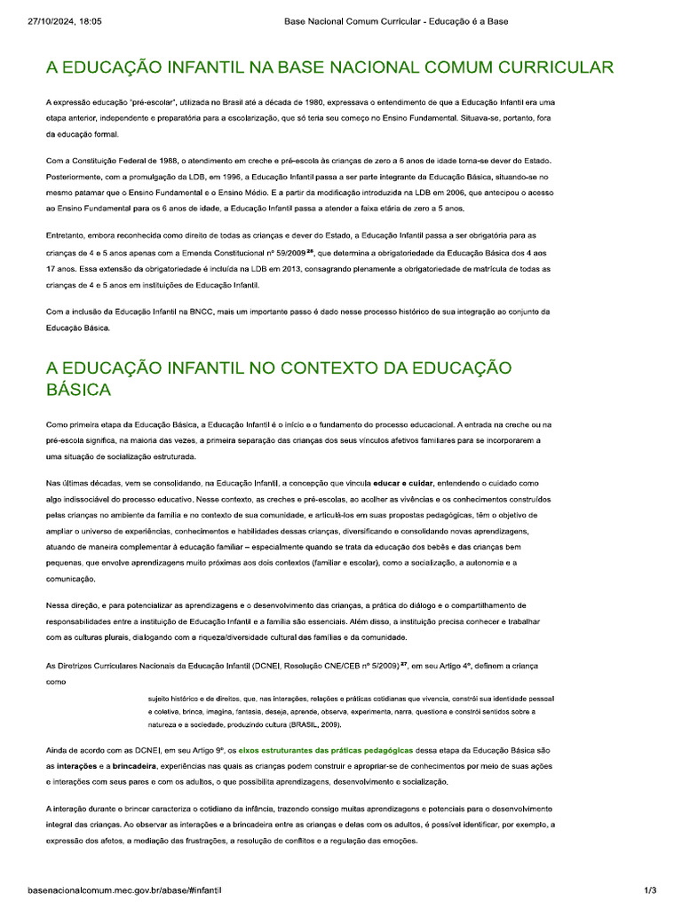 Educação Infantil Segundo a Bncc | PDF