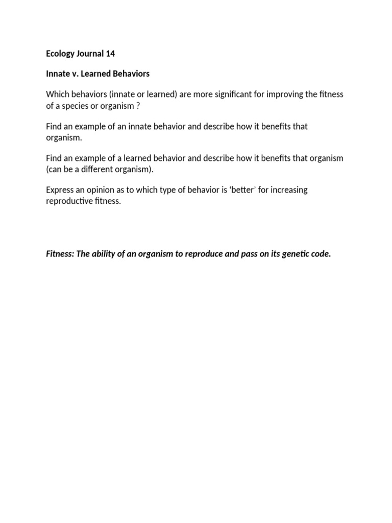 Ecology 14 Innate v. Learned Behaviors | PDF