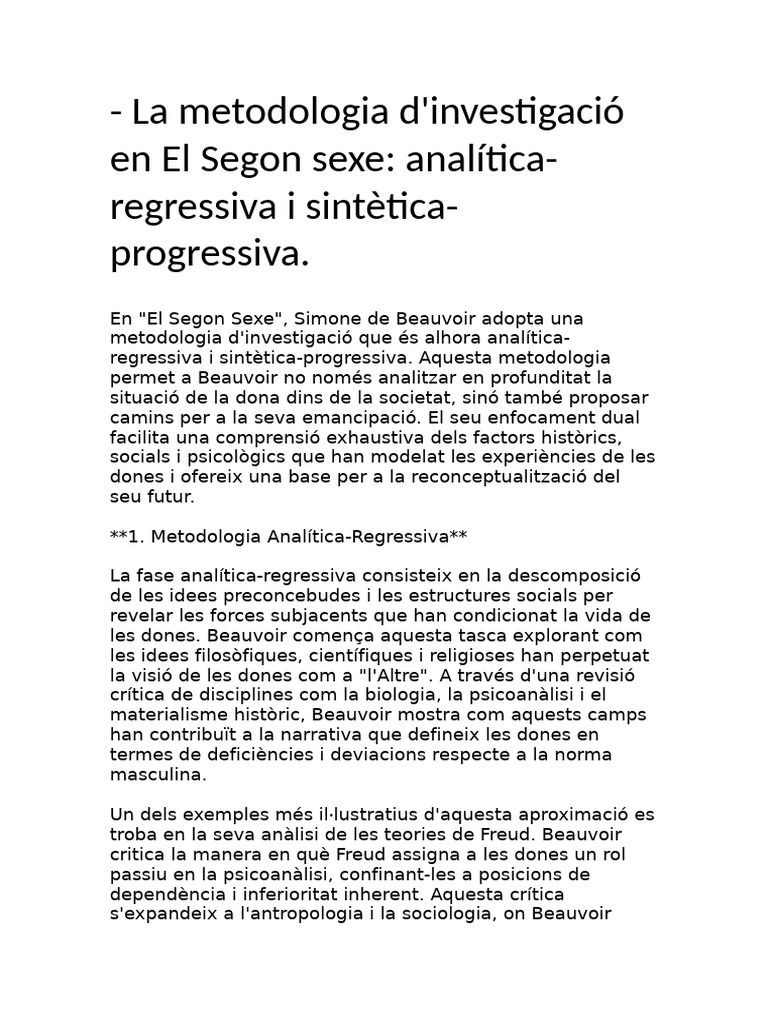 La Metodologia D'investigació en El Segon Sexe Analítica Regressiva I ...