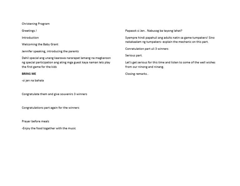 Christening Program Outline and Activities | PDF