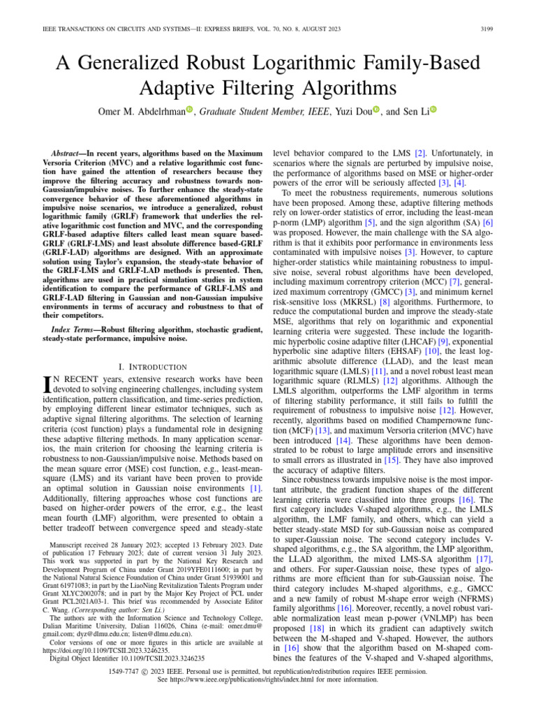 A Generalized Robust Logarithmic Family-Based Adaptive Filtering ...