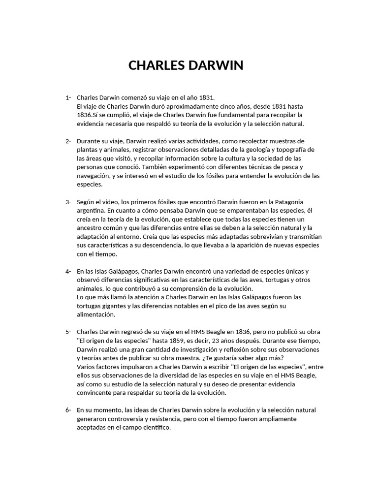 Viaje de Darwin y la Teoría Evolutiva | PDF | Charles Darwin | Evolución