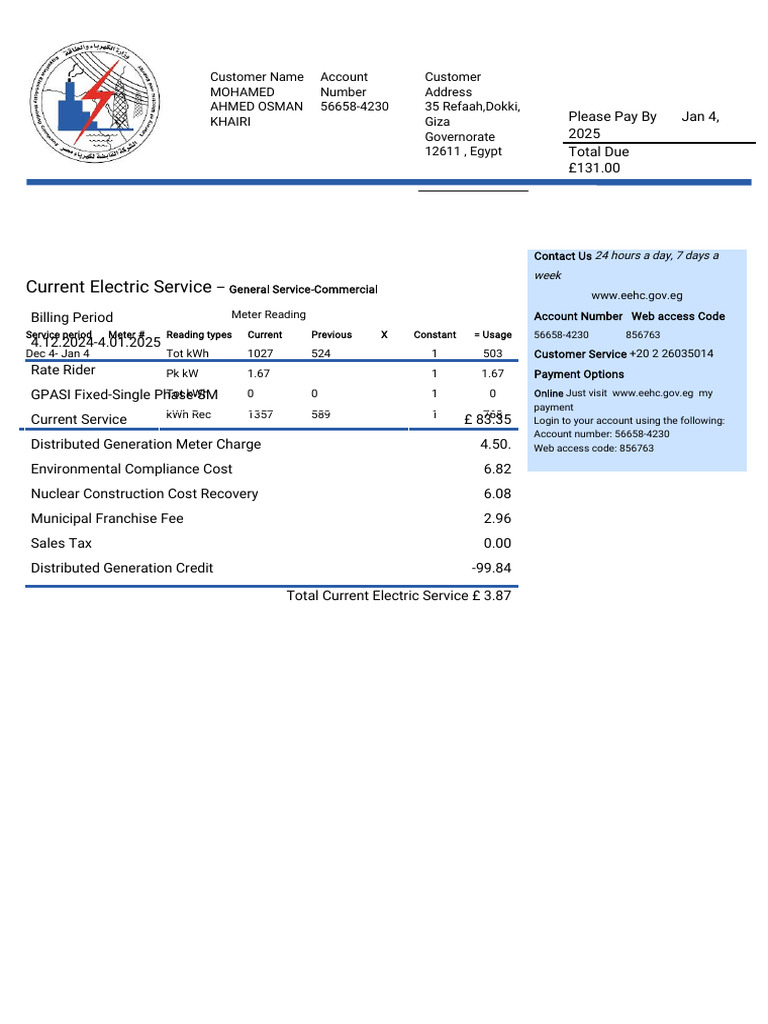 Electric Bill Summary for Mohamed Ahmed | PDF | Power (Physics ...