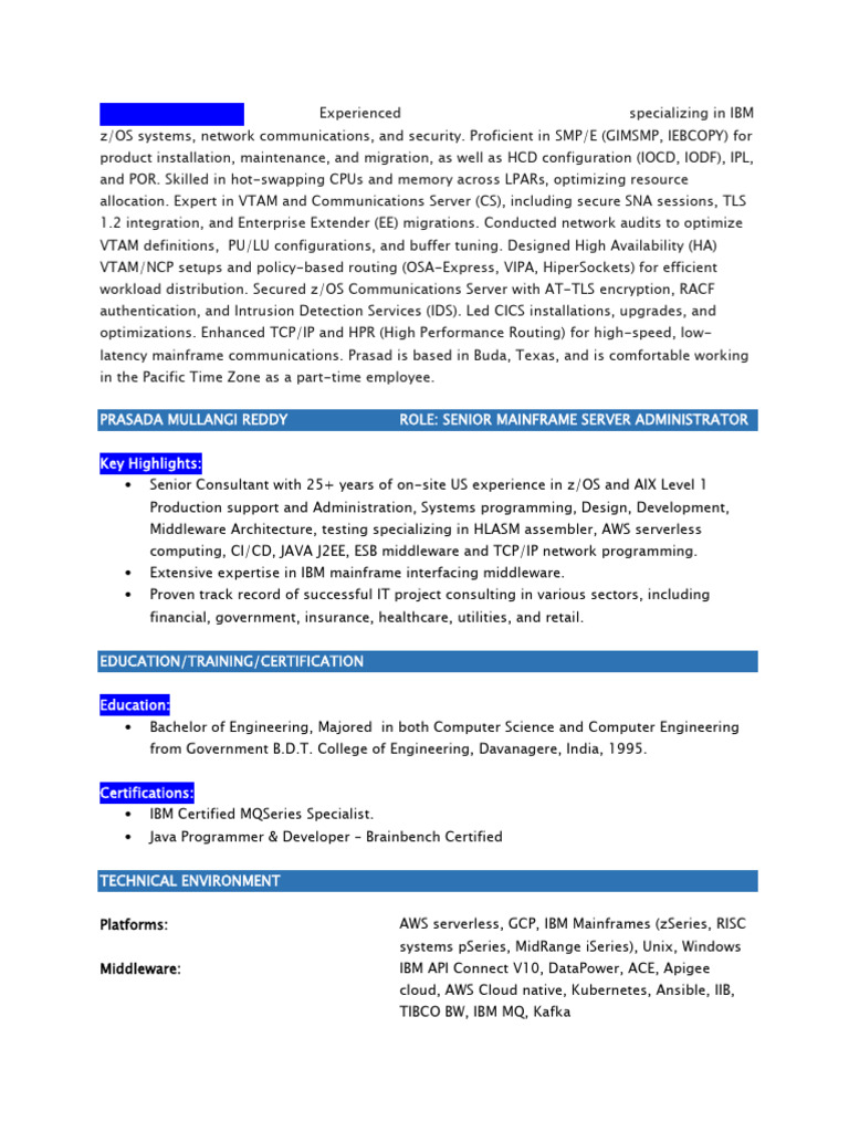 Senior Mainframe Server Administrator Expertise | PDF | Ibm Db2 ...