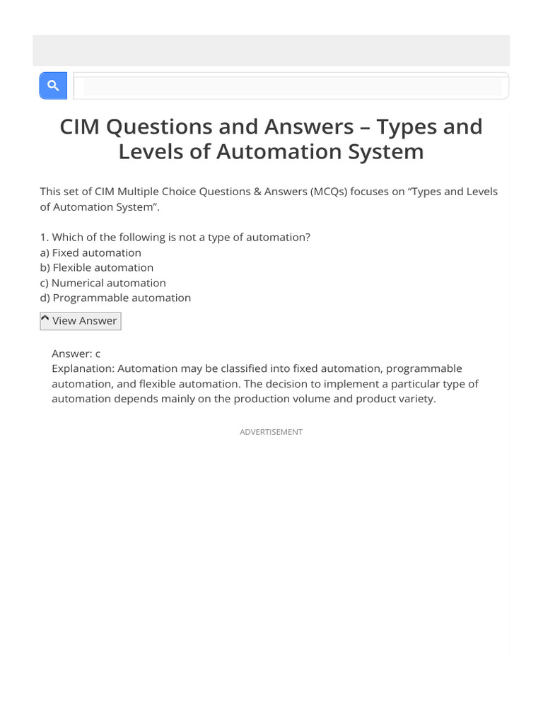 Types levels of automation system cim questions and answers