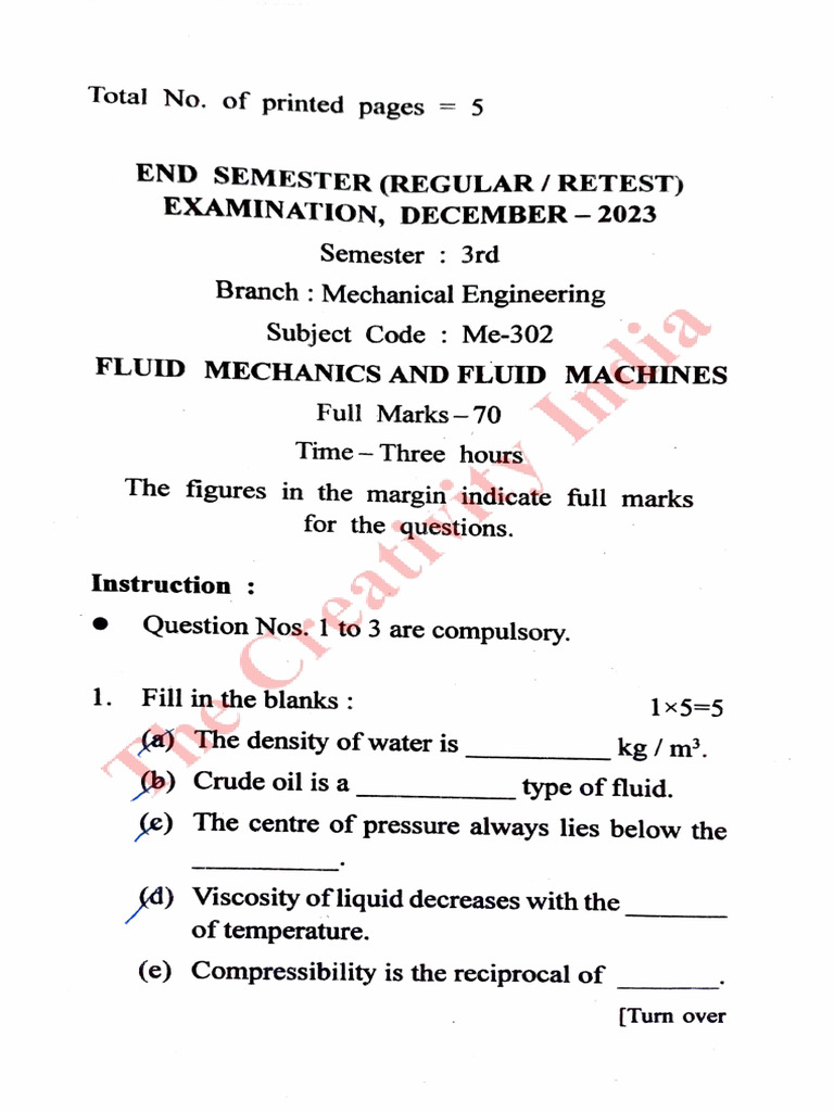 Fluid Mechanics Exam Paper - Dec 2023 | PDF | Pressure | Flow Measurement