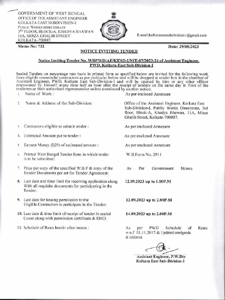 Kolkata East Sub-Division Tender Notice | PDF