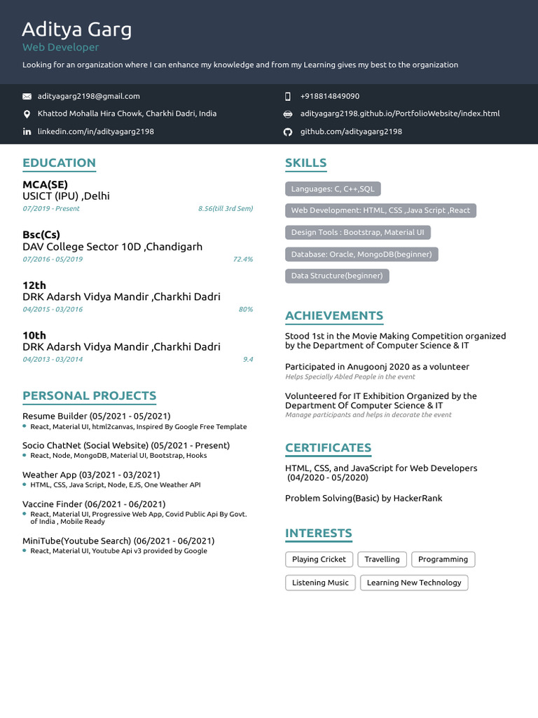 Aditya Garg - Web Developer Portfolio | PDF | Java Script | Computing