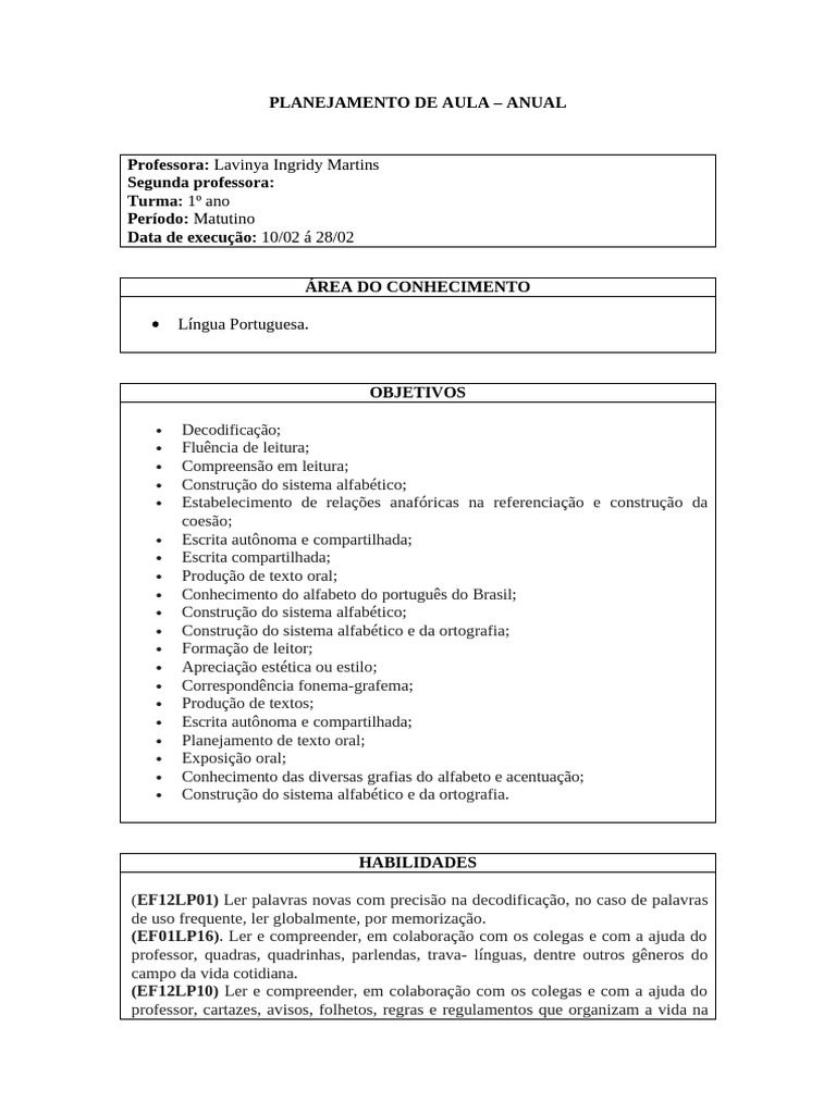 Planejamento Anual de Aula: 1º Ano | PDF | Escrita | Fonema