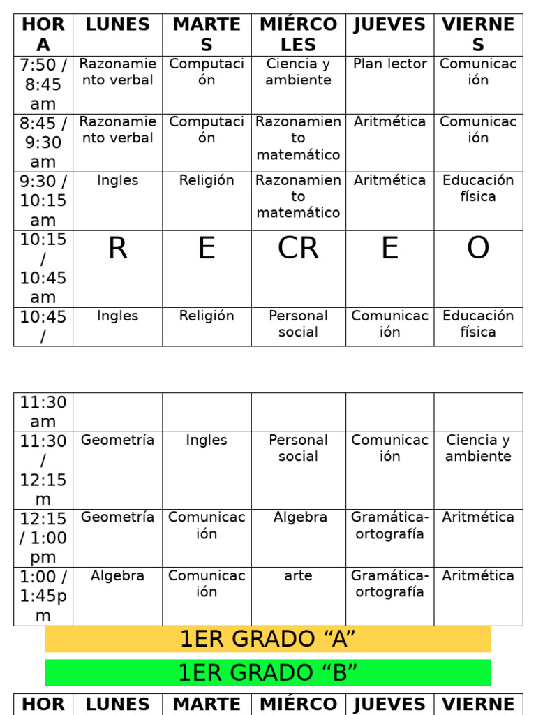 Horario Escolar 1er y 2do Grado | PDF | Matemáticas
