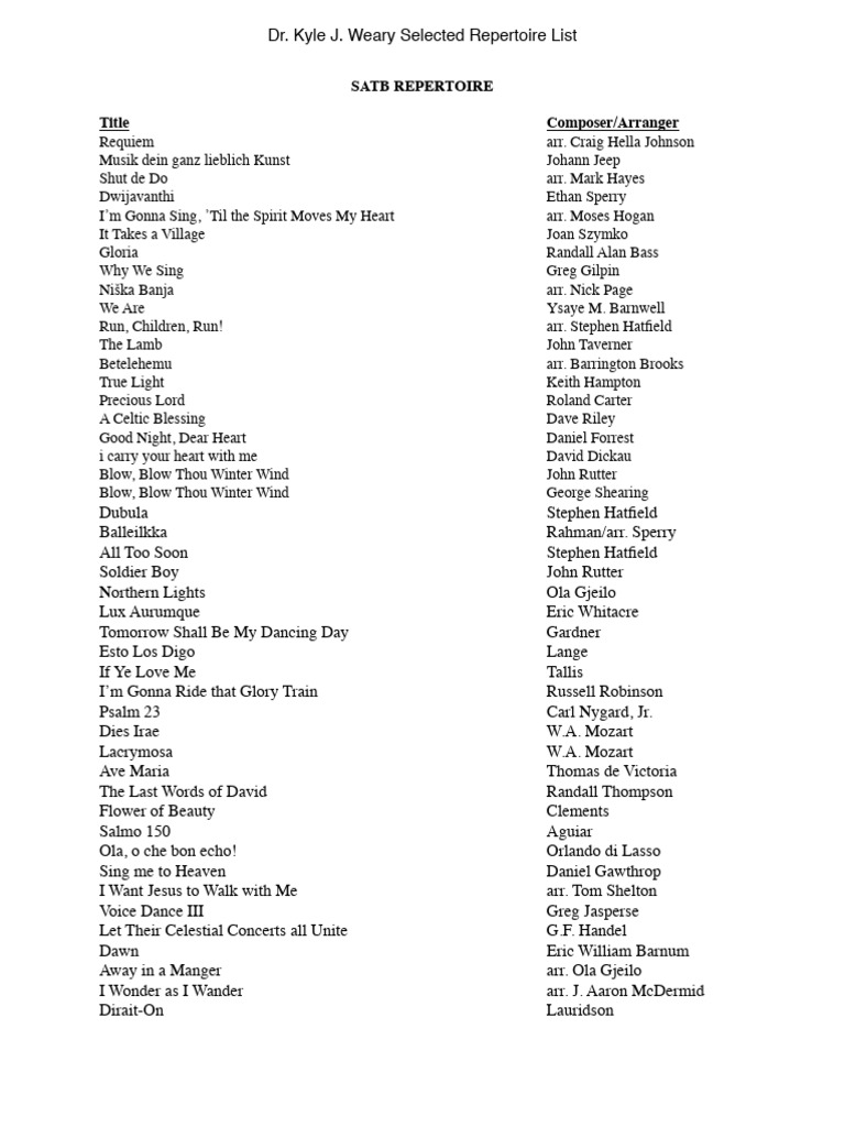Dr. Kyle J. Weary's Choral Repertoire List | PDF