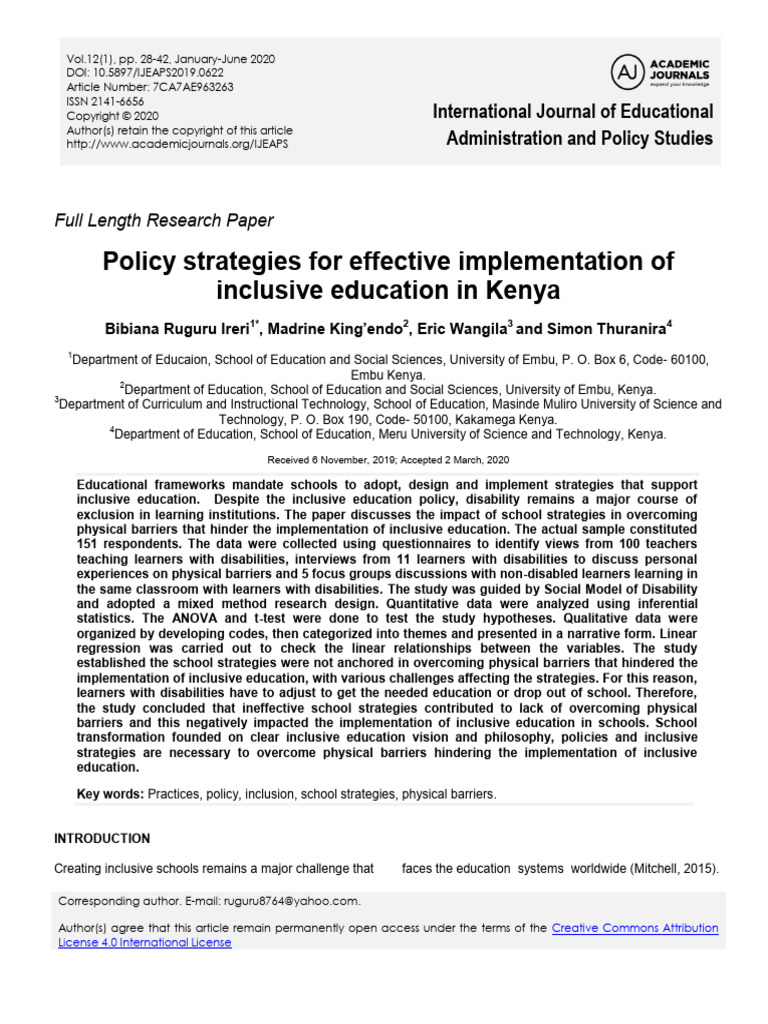 international jornal_inclusive education in Kenya | PDF | Inclusion ...