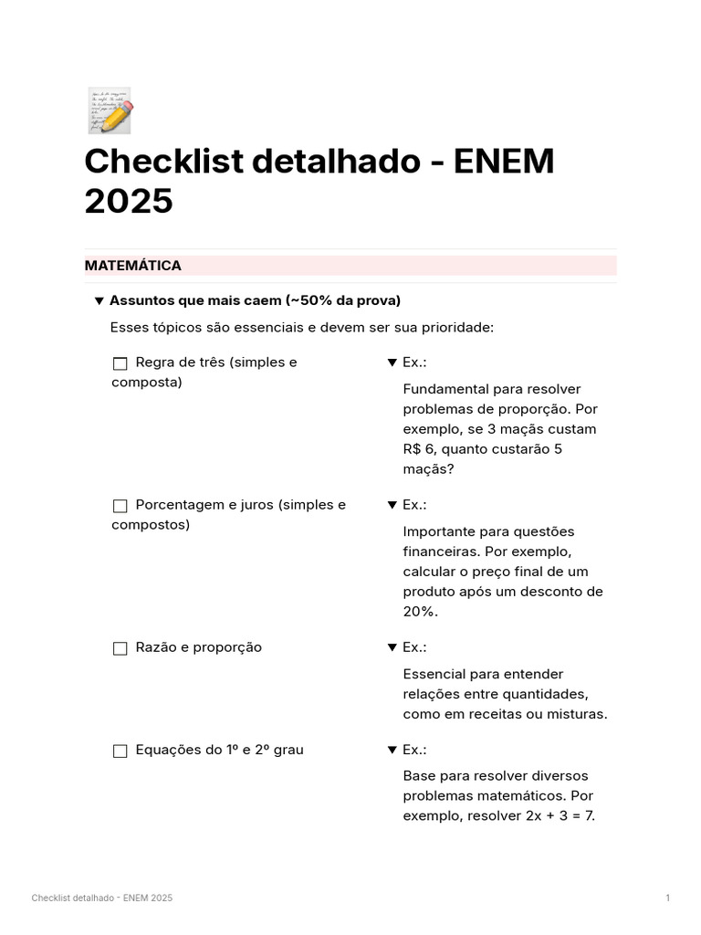 Checklist ENEM 2025: Matemática e Linguagens | PDF | Química | Reações ...