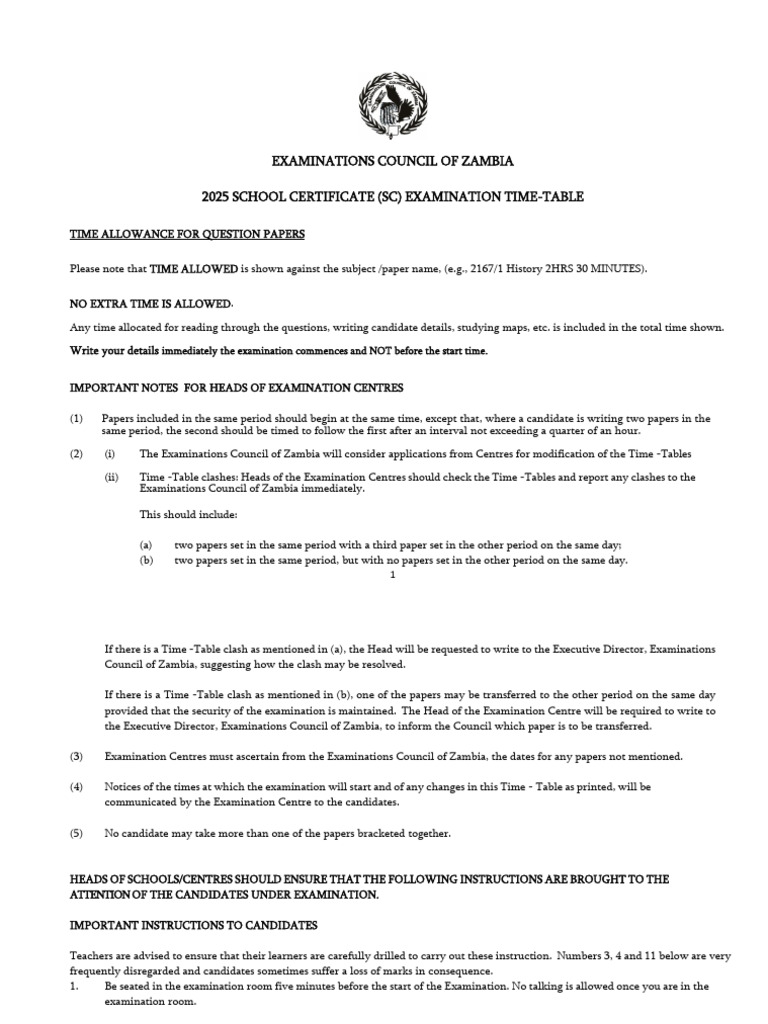 Grade 9 Exam Timetable 2025 Zambia | PDF | Multiple Choice