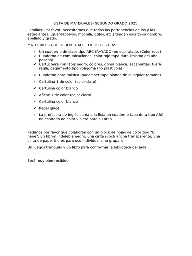 Materiales para Segundo Grado 2025 | PDF