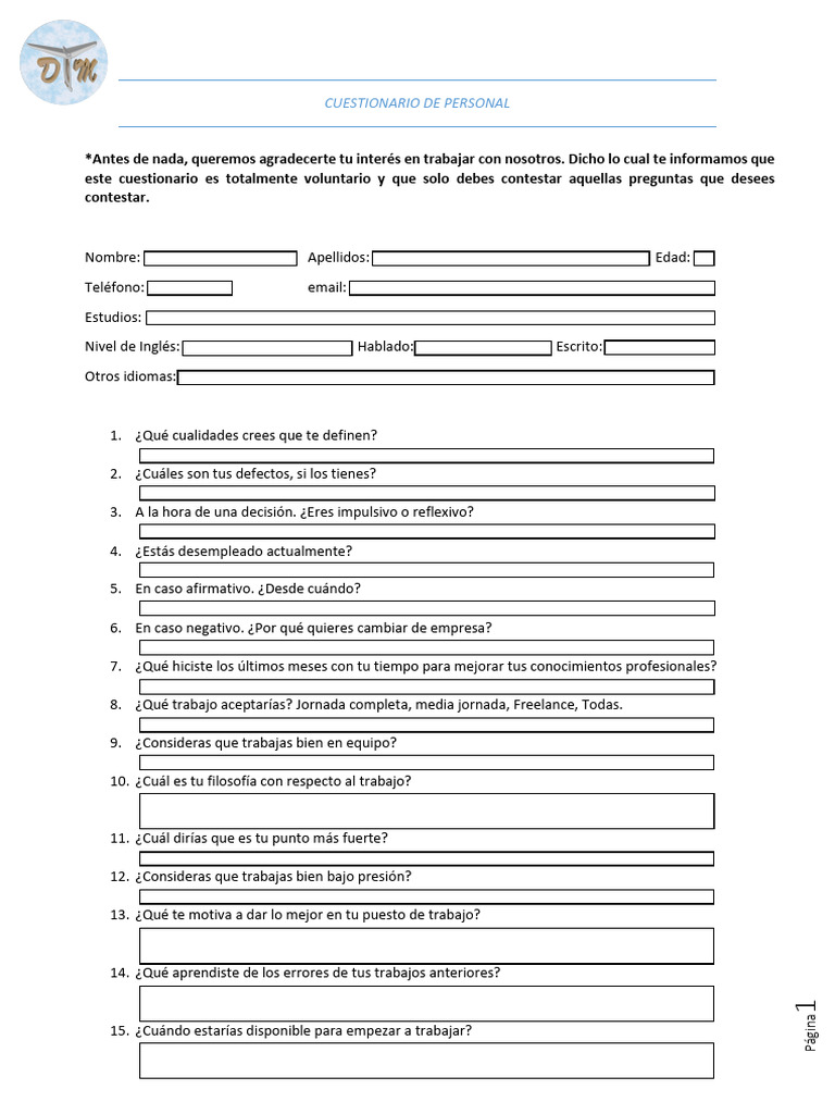 Cuestionario Personal para Candidatos | PDF