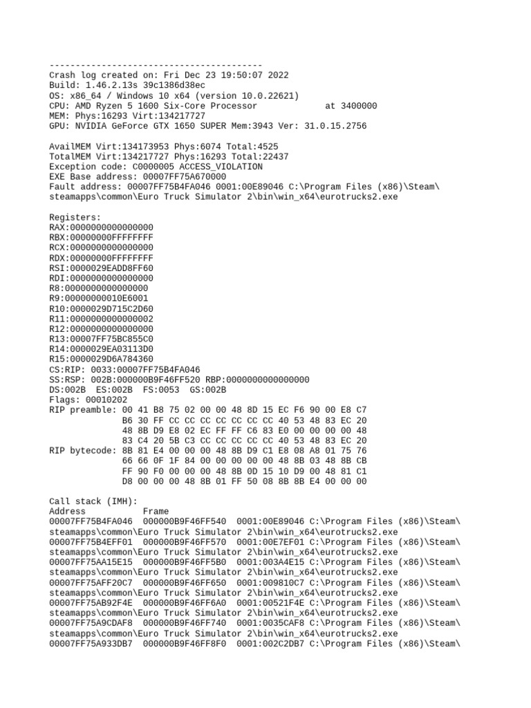Euro Truck Simulator 2 Crash Log | PDF | Software | Computing Platforms