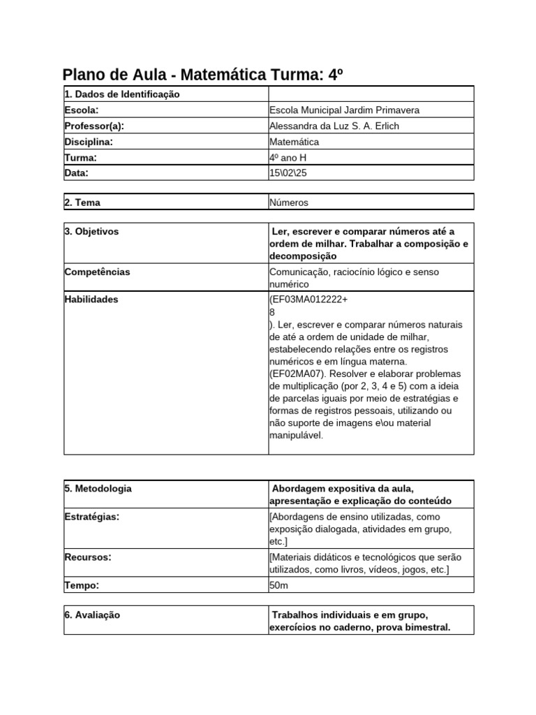 Plano de Aula de Matemática | PDF