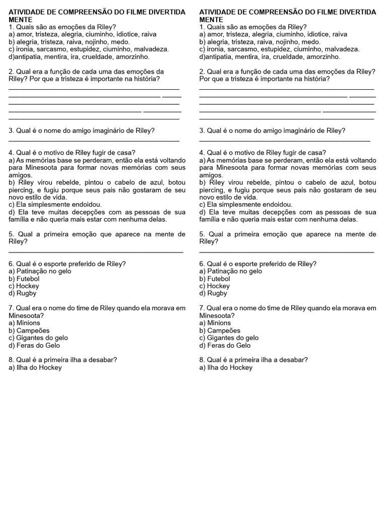 Atividade de Compreensão Do Filme Divertida Mente | PDF