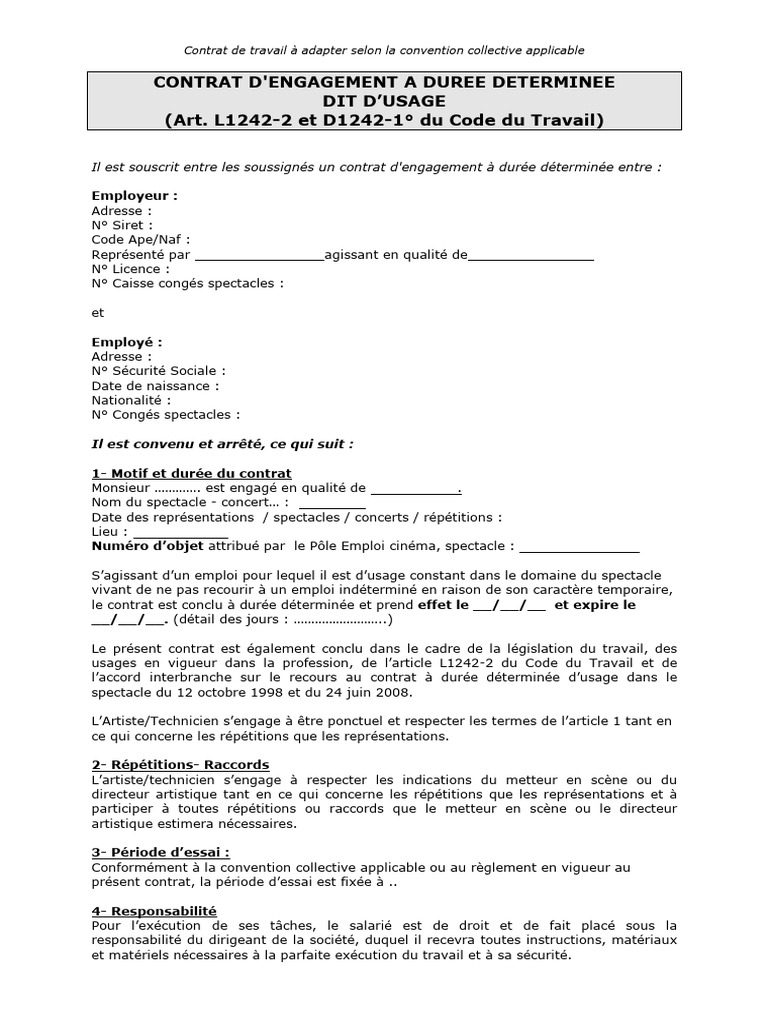 Contrat CDD d'usage pour le spectacle | PDF | Salaires | Convention ...