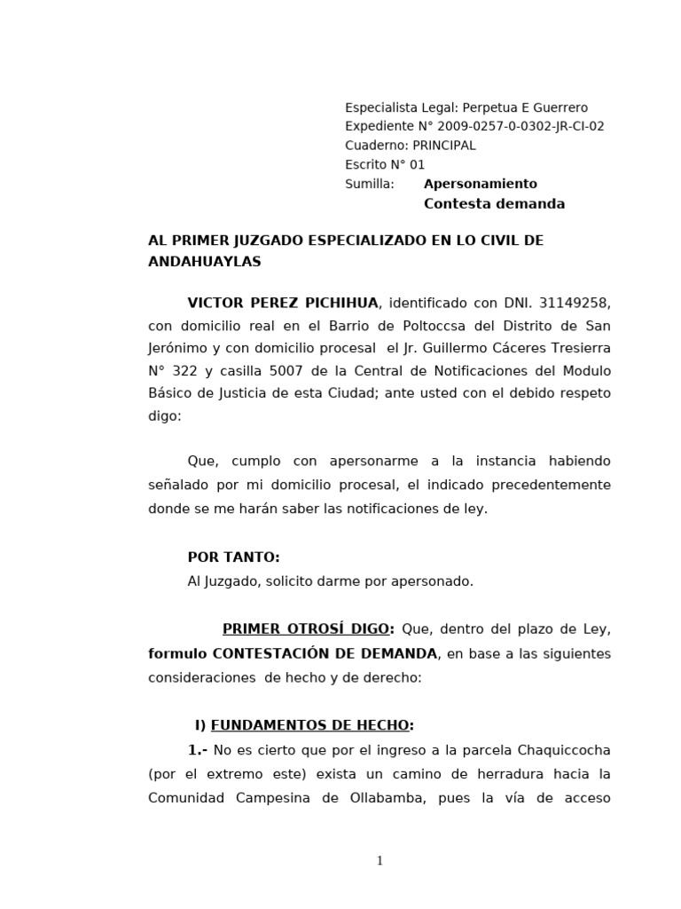 Contesta (Victor Perez Pichihua) | PDF | Demanda judicial | Propiedad