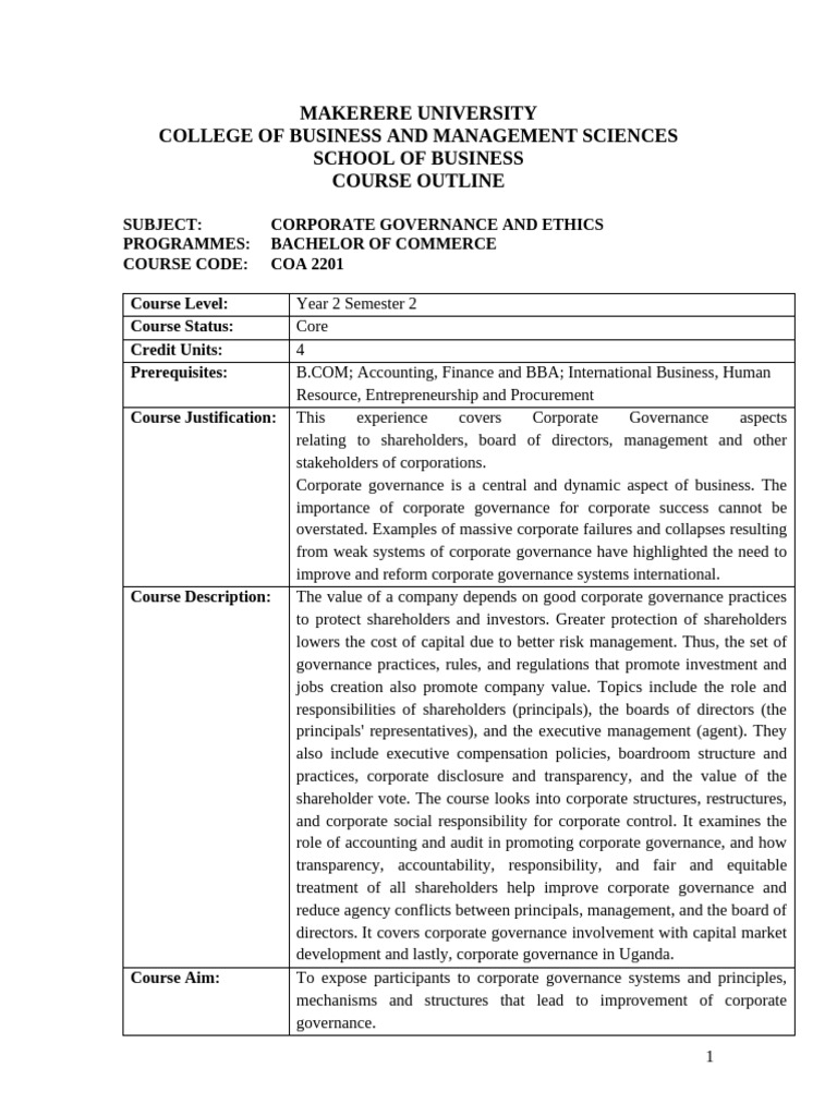 Corporate Governance and Ethics Course | PDF | Corporate Governance ...