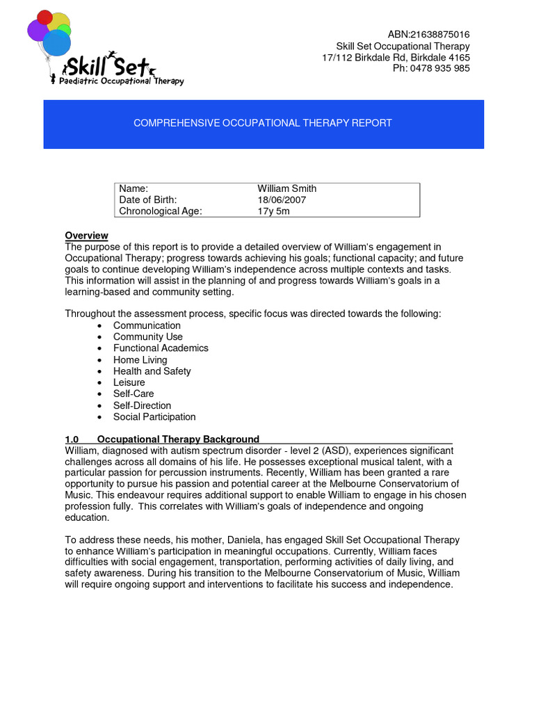 Occupational Therapy Report for William | PDF | Occupational Therapy ...
