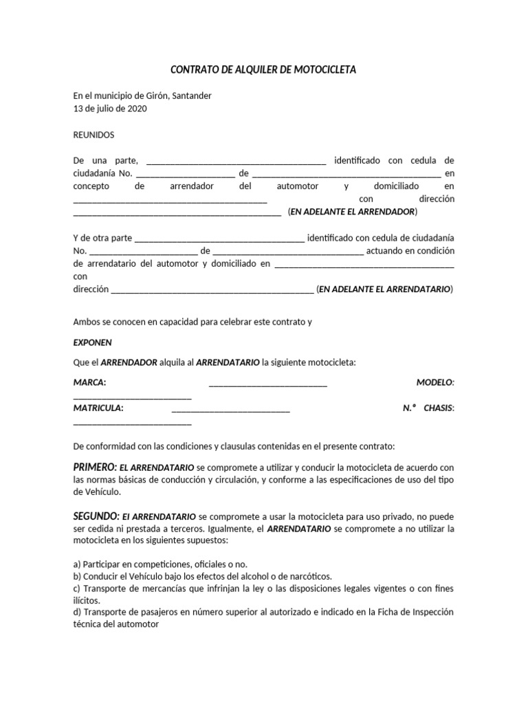 Contrato de Alquiler de Moto en Colombia | PDF | Motocicleta | Transporte