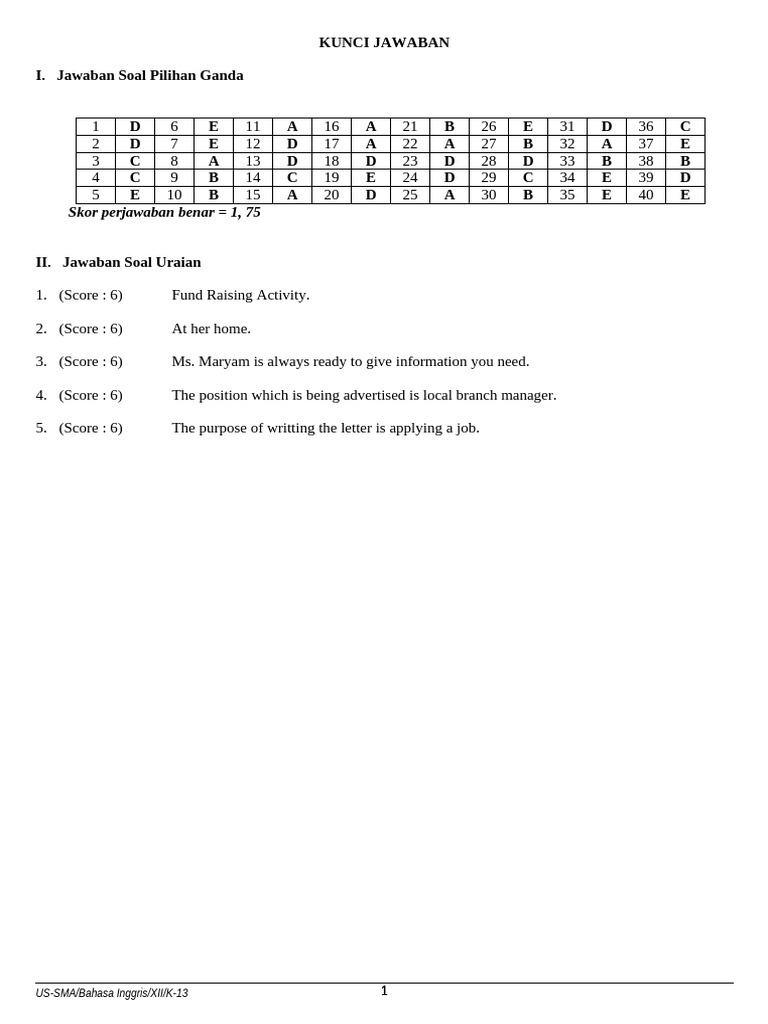 Kunci Jawaban Us BHS Inggris 2024-2025 | PDF