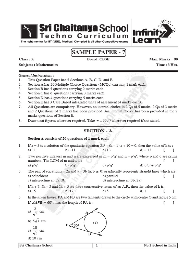 Class X Mathematics Sample Paper | PDF | Circle | Mathematics