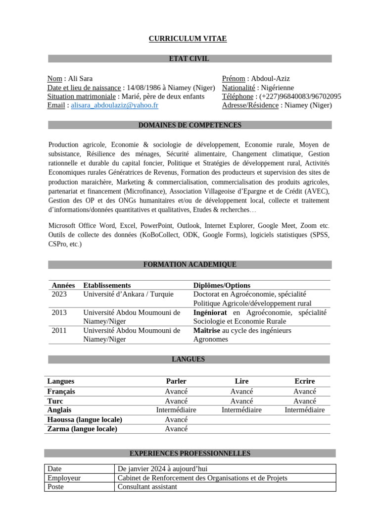CV d'Ali Abdoul-Aziz, Expert en Agroéconomie | PDF | Niger ...