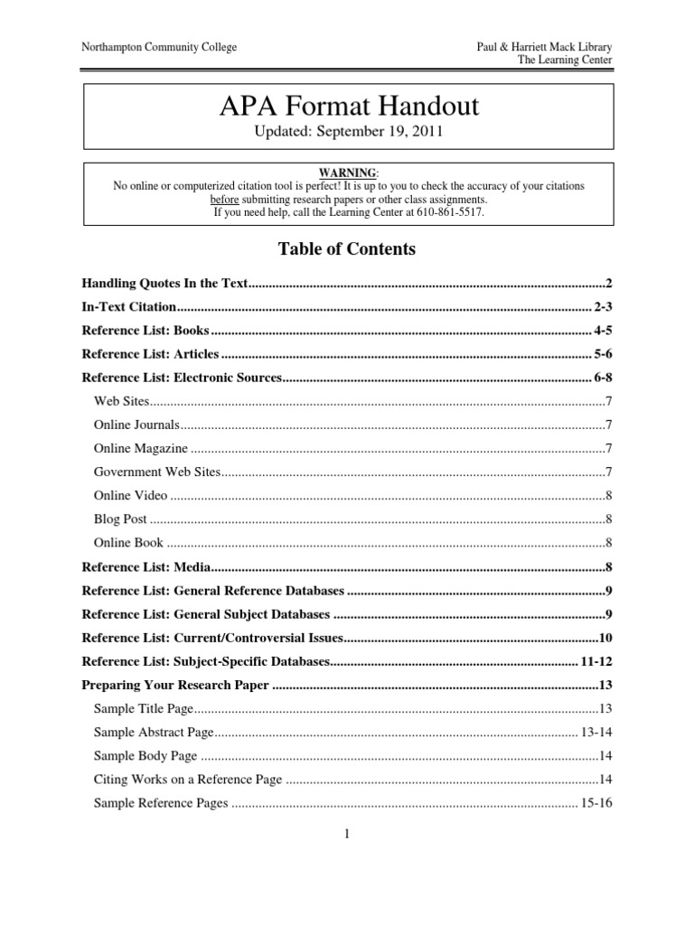 APA Format NCC Library Handout (New) Apa Style Citation