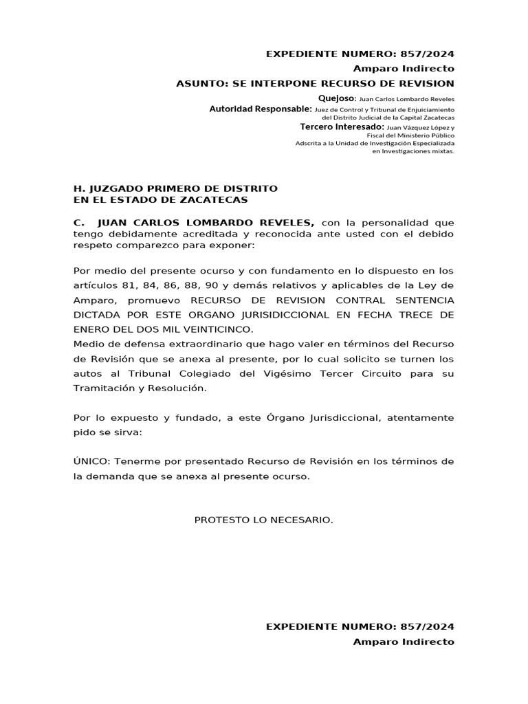 Recurso de Revision Del Amparo Indirecto Jc (1) | PDF | Queja ...