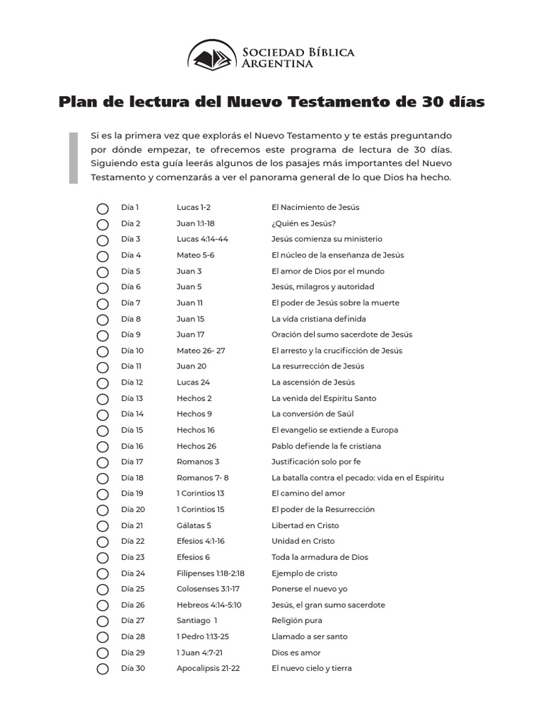Lectura del Nuevo Testamento en 30 días | PDF