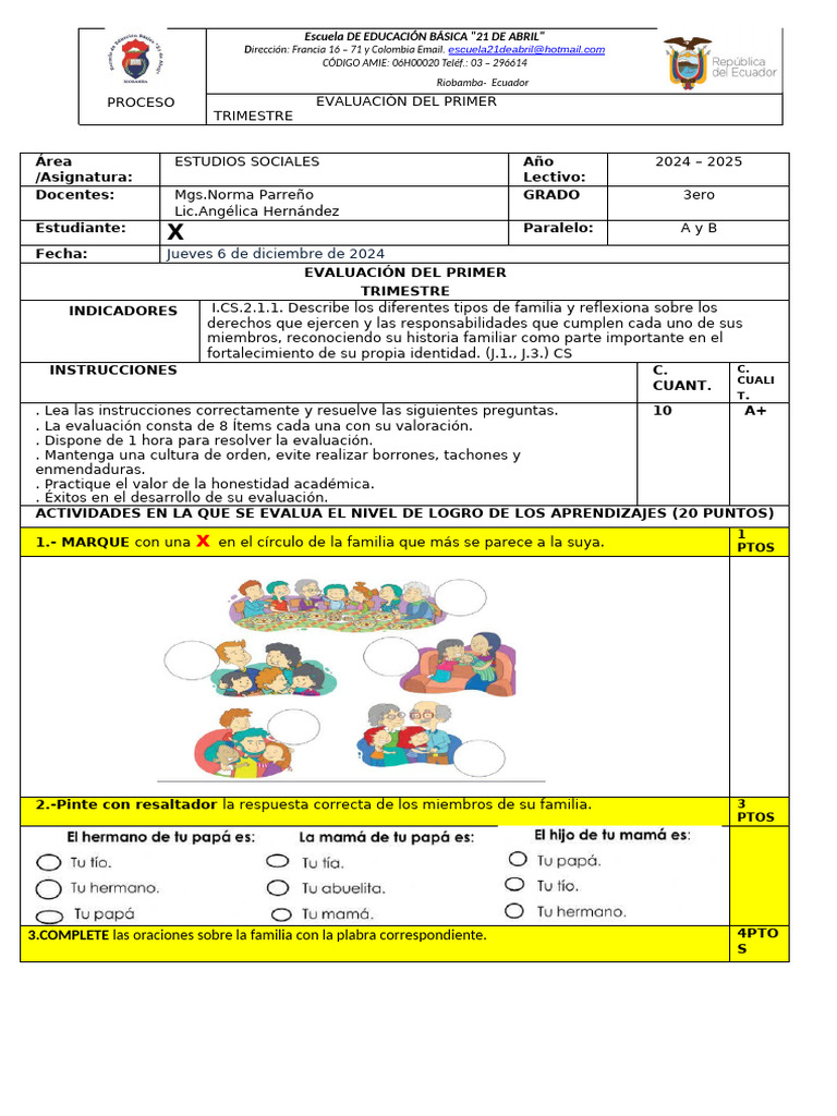 Evaluacion 2024 Primer Trimestre Sociales | PDF | Aprendizaje