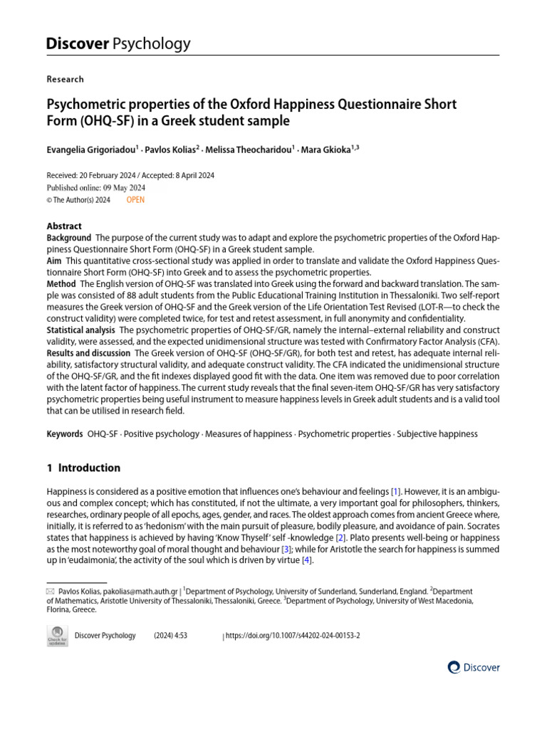 Psychometric Properties of The Oxford Happiness Qu | PDF | Well Being ...