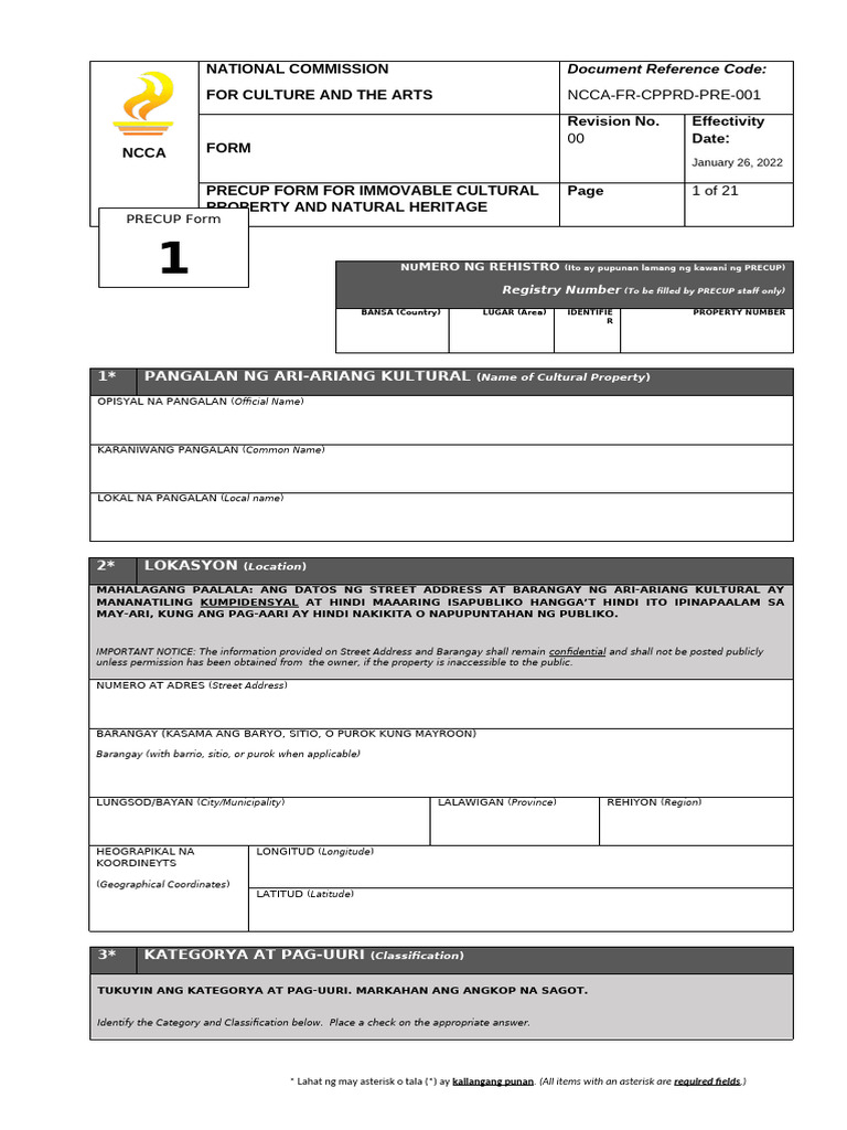 PRECUP Form for Cultural Heritage Registration | PDF | Earth Sciences