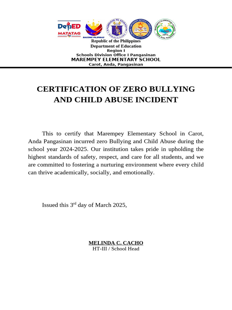 Zero Bullying Certification 2025 | PDF