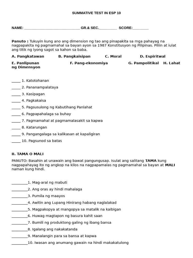 Summative Test in Esp 10 4th Quarter | PDF