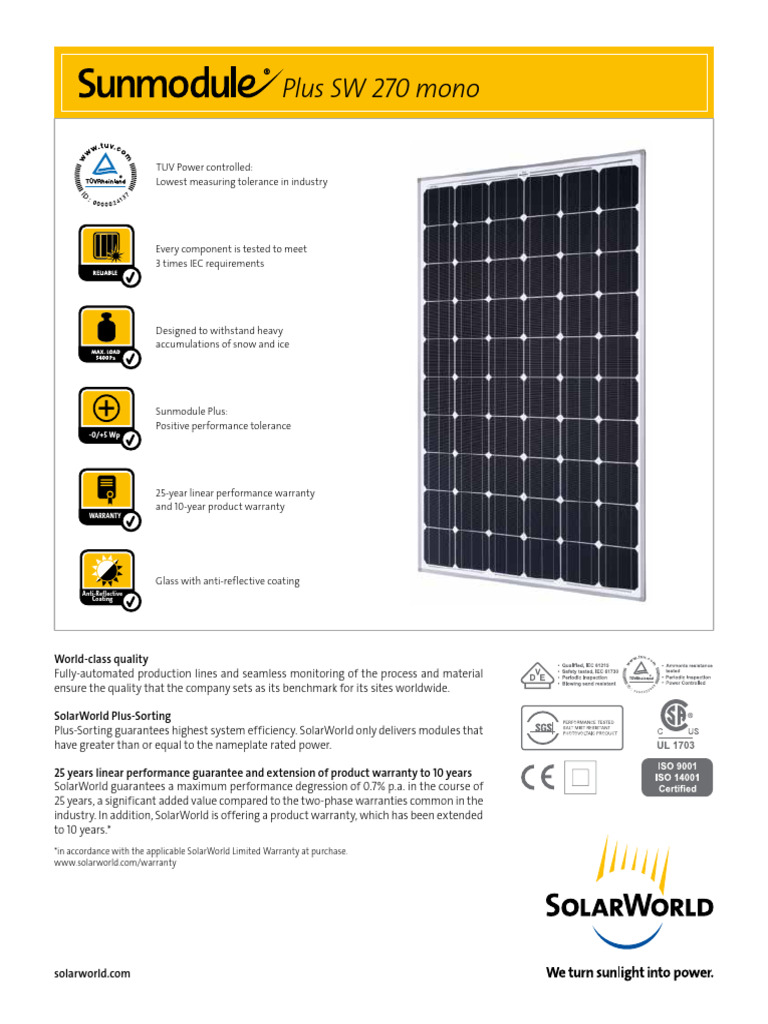 SolarWorld Sunmodule Plus SW 270 | PDF | Solar Panel | Electronics